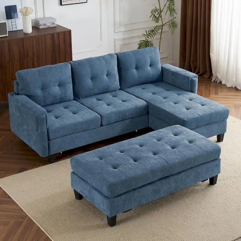 Canapé-lit d'angle en L avec méridienne réversible, pouf, port de chargement USB, en chenille, ressorts ensachés, capitonné, 212 cm, gris, beige, bleu marine