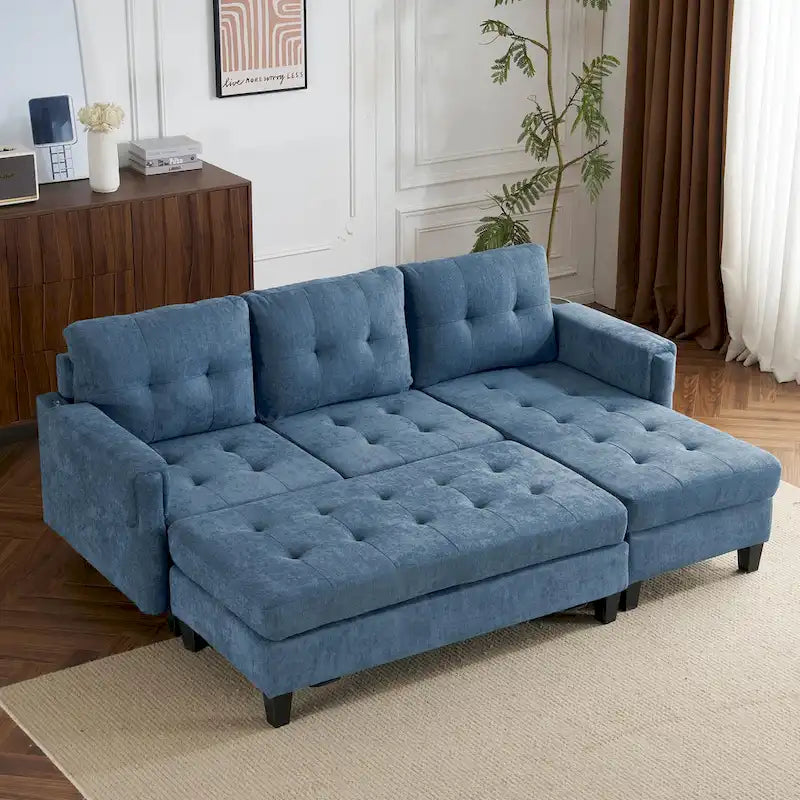 Canapé-lit d'angle en L avec méridienne réversible, pouf, port de chargement USB, en chenille, ressorts ensachés, capitonné, 212 cm, gris, beige, bleu marine