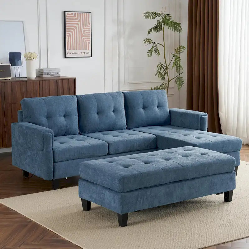 Canapé-lit d'angle en L avec méridienne réversible, pouf, port de chargement USB, en chenille, ressorts ensachés, capitonné, 212 cm, gris, beige, bleu marine