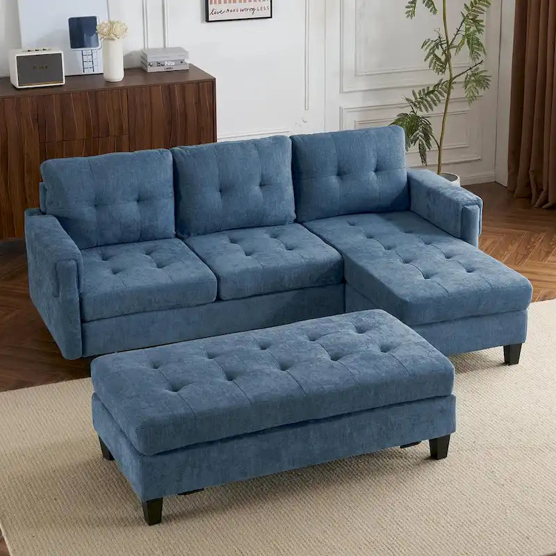 Canapé-lit d'angle en L avec méridienne réversible, pouf, port de chargement USB, en chenille, ressorts ensachés, capitonné, 212 cm, gris, beige, bleu marine