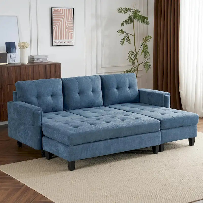 Canapé-lit d'angle en L avec méridienne réversible, pouf, port de chargement USB, en chenille, ressorts ensachés, capitonné, 212 cm, gris, beige, bleu marine