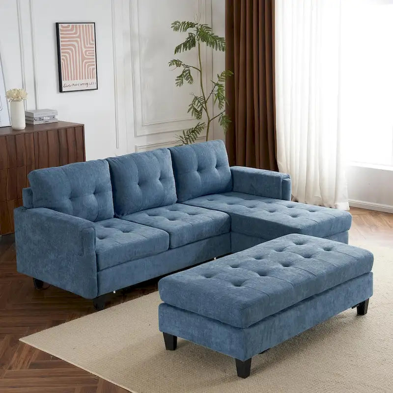 Canapé-lit d'angle en L avec méridienne réversible, pouf, port de chargement USB, en chenille, ressorts ensachés, capitonné, 212 cm, gris, beige, bleu marine