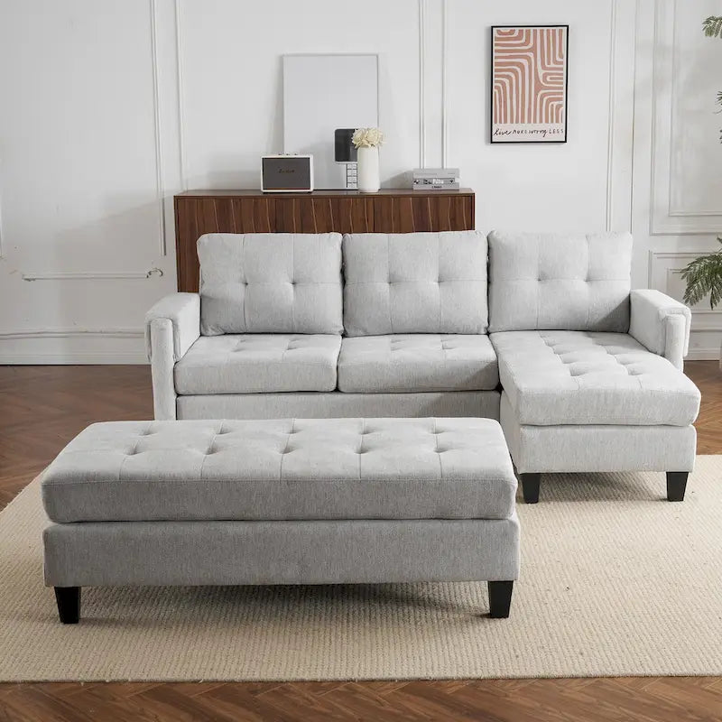 Canapé-lit d'angle en L avec méridienne réversible, pouf, port de chargement USB, en chenille, ressorts ensachés, capitonné, 212 cm, gris, beige, bleu marine