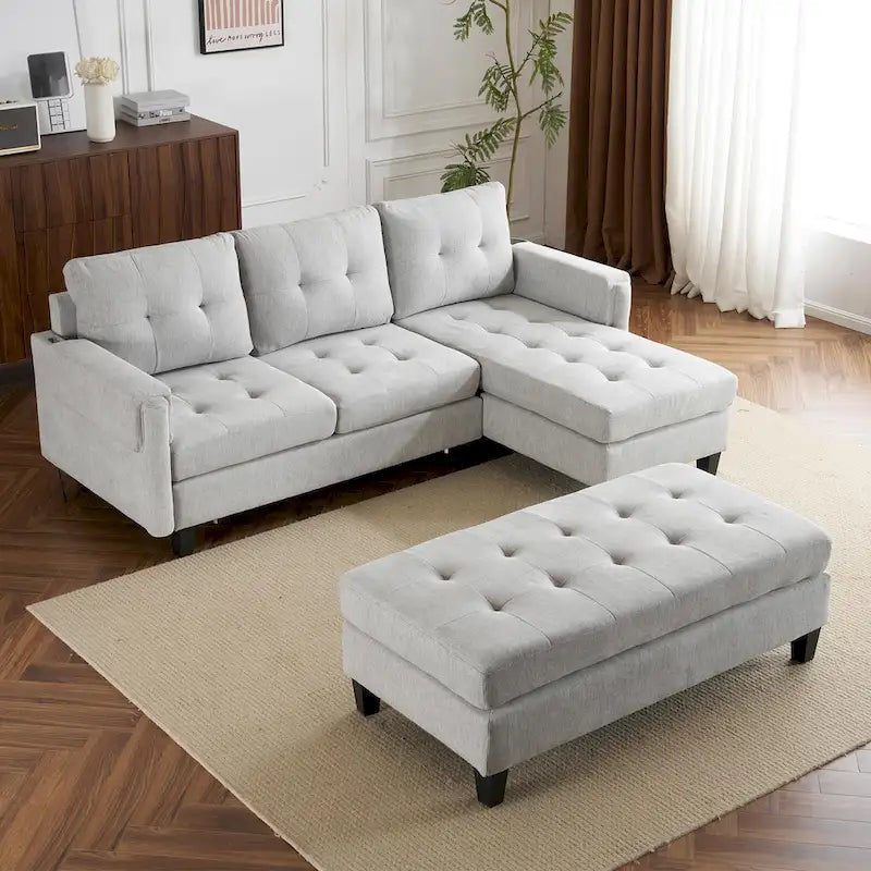 Canapé-lit d'angle en L avec méridienne réversible, pouf, port de chargement USB, en chenille, ressorts ensachés, capitonné, 212 cm, gris, beige, bleu marine