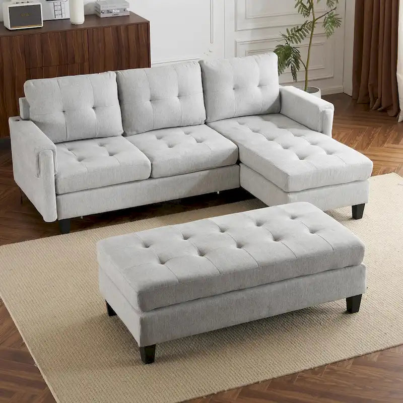 Canapé-lit d'angle en L avec méridienne réversible, pouf, port de chargement USB, en chenille, ressorts ensachés, capitonné, 212 cm, gris, beige, bleu marine
