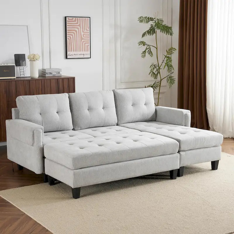 Canapé-lit d'angle en L avec méridienne réversible, pouf, port de chargement USB, en chenille, ressorts ensachés, capitonné, 212 cm, gris, beige, bleu marine