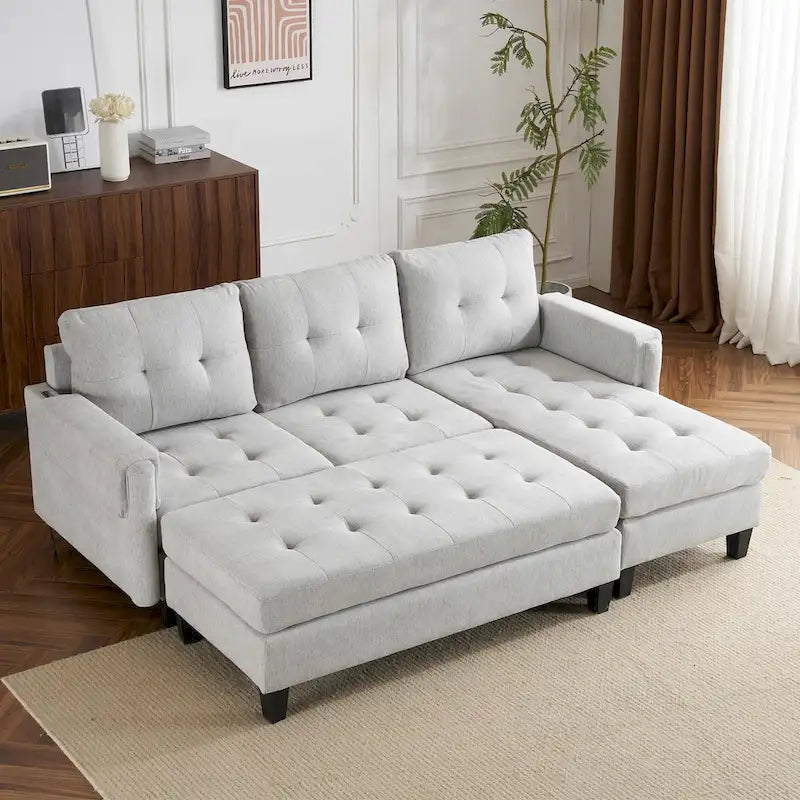 Canapé-lit d'angle en L avec méridienne réversible, pouf, port de chargement USB, en chenille, ressorts ensachés, capitonné, 212 cm, gris, beige, bleu marine