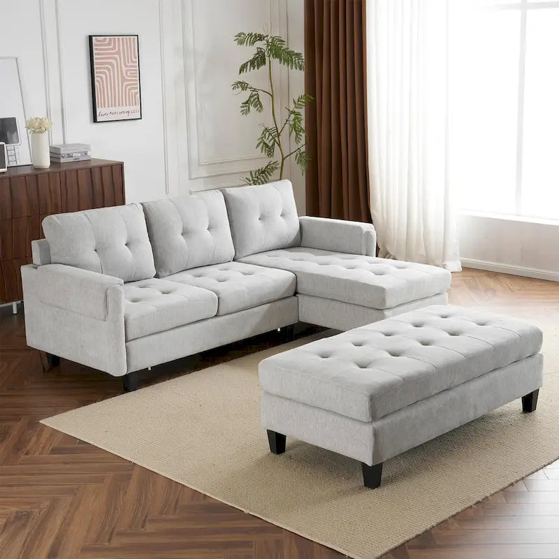 Canapé-lit d'angle en L avec méridienne réversible, pouf, port de chargement USB, en chenille, ressorts ensachés, capitonné, 212 cm, gris, beige, bleu marine