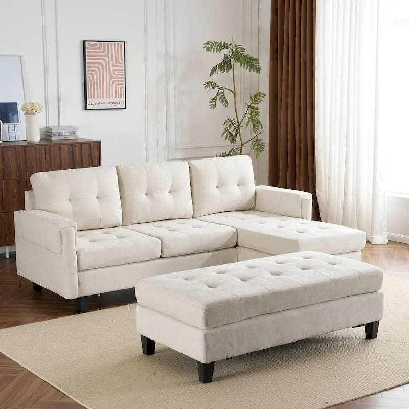 Canapé-lit d'angle en L avec méridienne réversible, pouf, port de chargement USB, en chenille, ressorts ensachés, capitonné, 212 cm, gris, beige, bleu marine