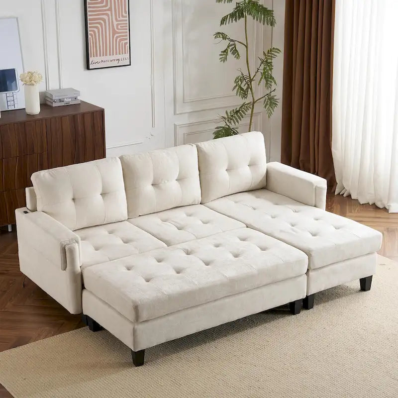 Canapé-lit d'angle en L avec méridienne réversible, pouf, port de chargement USB, en chenille, ressorts ensachés, capitonné, 212 cm, gris, beige, bleu marine
