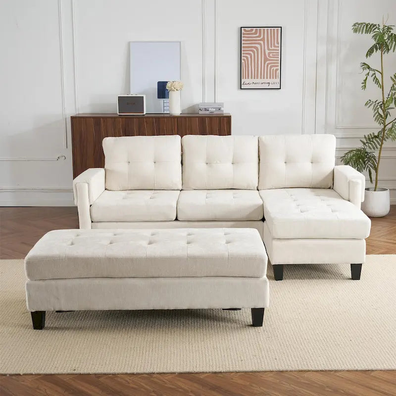 Canapé-lit d'angle en L avec méridienne réversible, pouf, port de chargement USB, en chenille, ressorts ensachés, capitonné, 212 cm, gris, beige, bleu marine