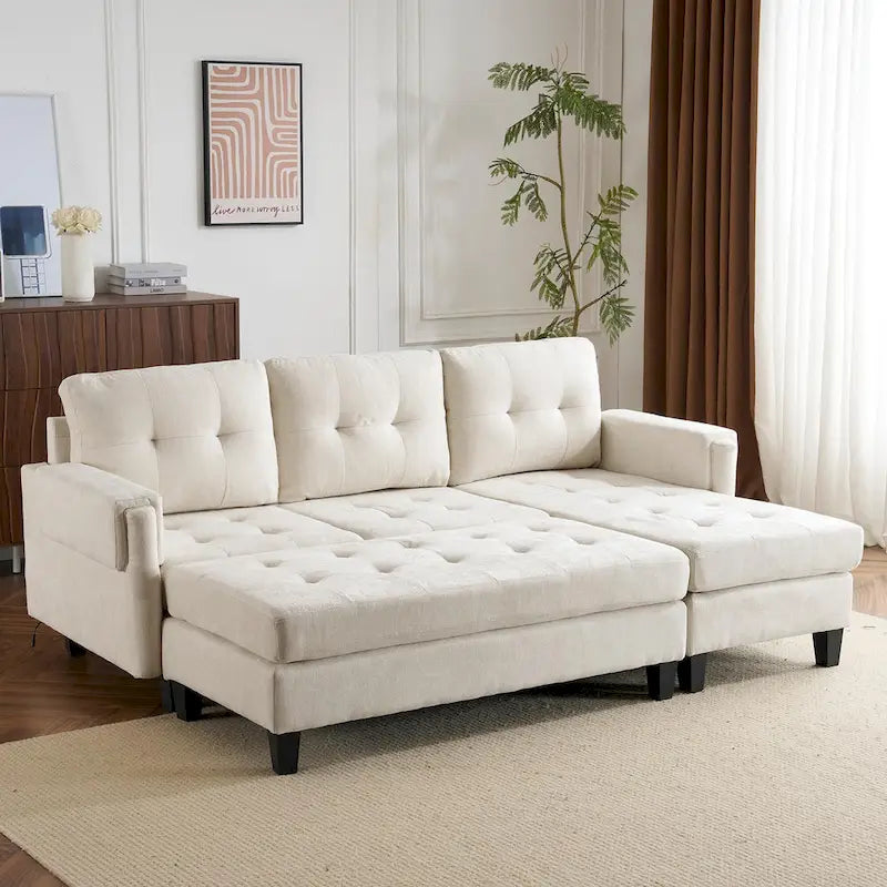Canapé-lit d'angle en L avec méridienne réversible, pouf, port de chargement USB, en chenille, ressorts ensachés, capitonné, 212 cm, gris, beige, bleu marine