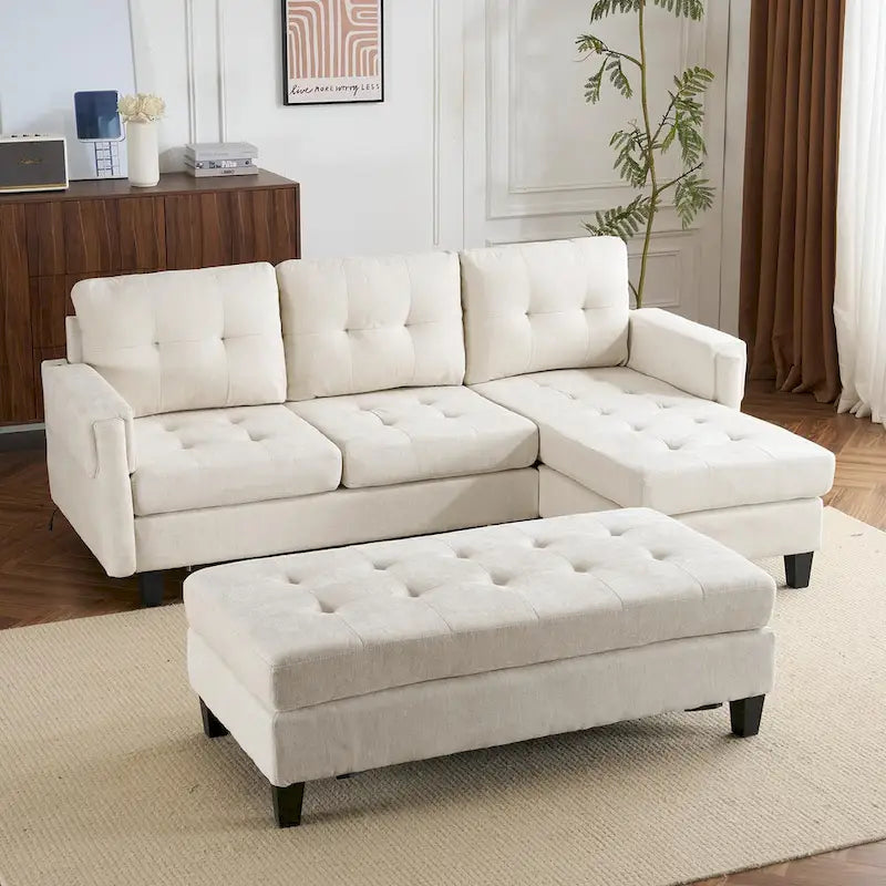 Canapé-lit d'angle en L avec méridienne réversible, pouf, port de chargement USB, en chenille, ressorts ensachés, capitonné, 212 cm, gris, beige, bleu marine