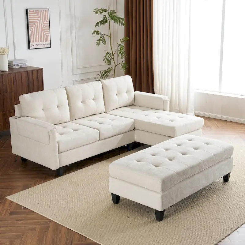 Canapé-lit d'angle en L avec méridienne réversible, pouf, port de chargement USB, en chenille, ressorts ensachés, capitonné, 212 cm, gris, beige, bleu marine