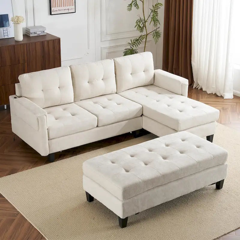 Canapé-lit d'angle en L avec méridienne réversible, pouf, port de chargement USB, en chenille, ressorts ensachés, capitonné, 212 cm, gris, beige, bleu marine