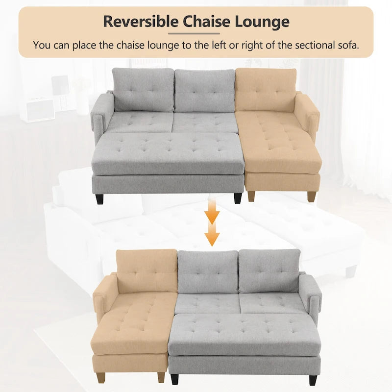 Canapé-lit d'angle en L avec méridienne réversible, pouf, port de chargement USB, en chenille, ressorts ensachés, capitonné, 212 cm, gris, beige, bleu marine