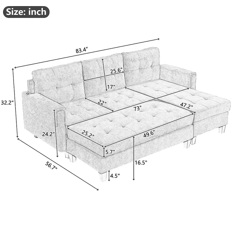 Canapé-lit d'angle en L avec méridienne réversible, pouf, port de chargement USB, en chenille, ressorts ensachés, capitonné, 212 cm, gris, beige, bleu marine