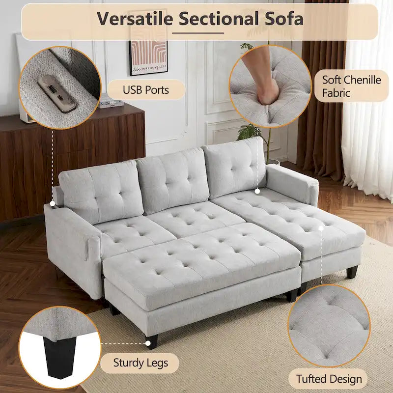 Canapé-lit d'angle en L avec méridienne réversible, pouf, port de chargement USB, en chenille, ressorts ensachés, capitonné, 212 cm, gris, beige, bleu marine
