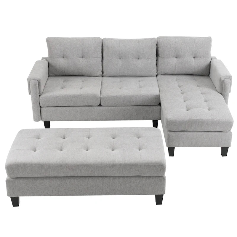 Canapé-lit d'angle en L avec méridienne réversible, pouf, port de chargement USB, en chenille, ressorts ensachés, capitonné, 212 cm, gris, beige, bleu marine