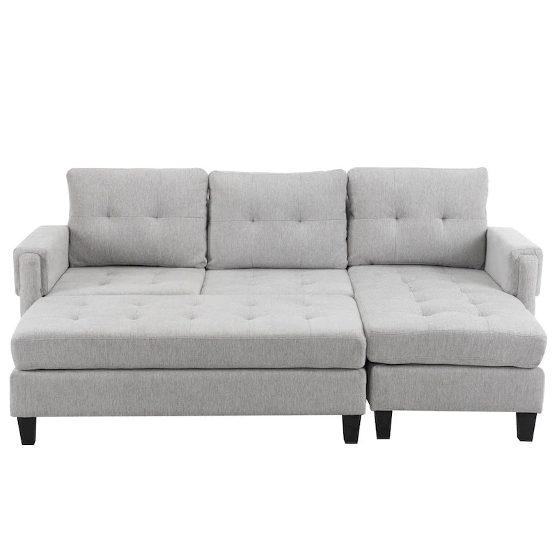 Canapé-lit d'angle en L avec méridienne réversible, pouf, port de chargement USB, en chenille, ressorts ensachés, capitonné, 212 cm, gris, beige, bleu marine