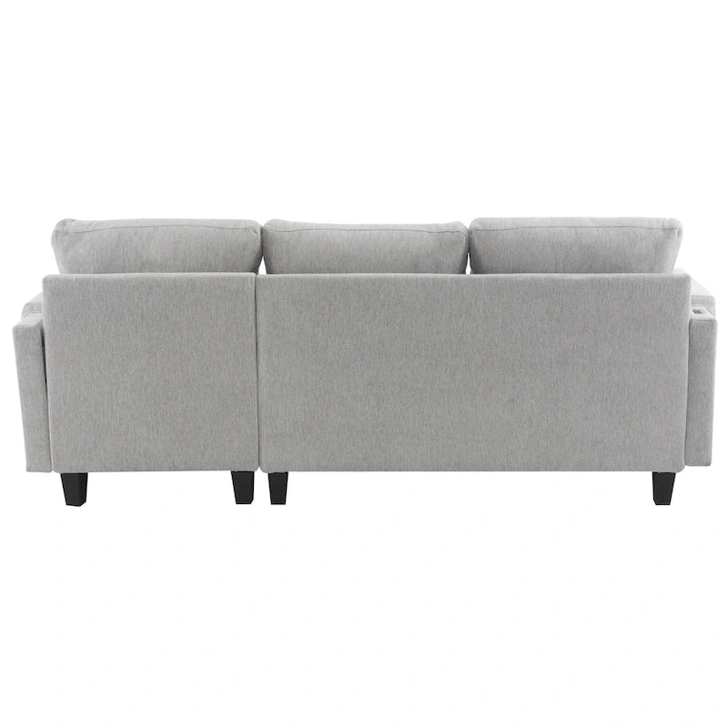 Canapé-lit d'angle en L avec méridienne réversible, pouf, port de chargement USB, en chenille, ressorts ensachés, capitonné, 212 cm, gris, beige, bleu marine