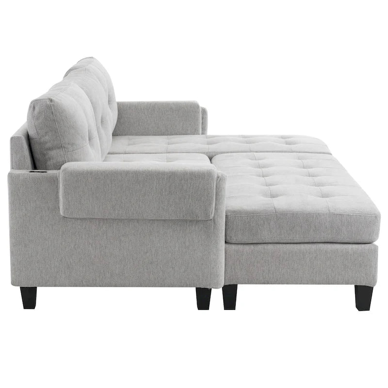 Canapé-lit d'angle en L avec méridienne réversible, pouf, port de chargement USB, en chenille, ressorts ensachés, capitonné, 212 cm, gris, beige, bleu marine