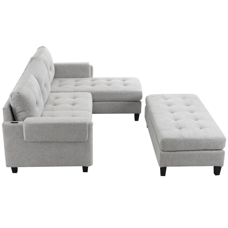 Canapé-lit d'angle en L avec méridienne réversible, pouf, port de chargement USB, en chenille, ressorts ensachés, capitonné, 212 cm, gris, beige, bleu marine