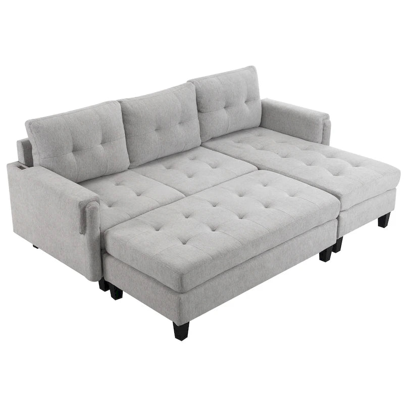 Canapé-lit d'angle en L avec méridienne réversible, pouf, port de chargement USB, en chenille, ressorts ensachés, capitonné, 212 cm, gris, beige, bleu marine