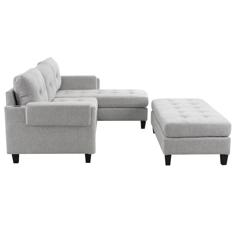 Canapé-lit d'angle en L avec méridienne réversible, pouf, port de chargement USB, en chenille, ressorts ensachés, capitonné, 212 cm, gris, beige, bleu marine