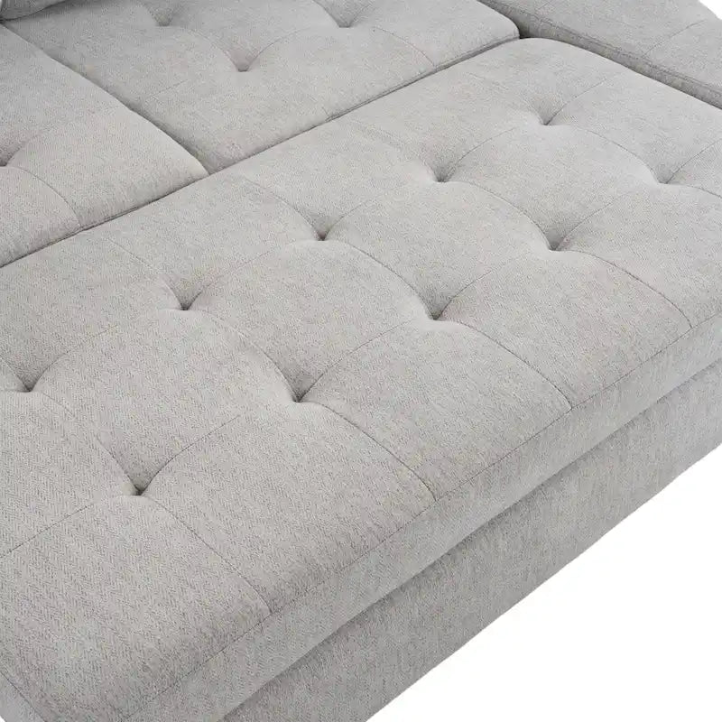 Canapé-lit d'angle en L avec méridienne réversible, pouf, port de chargement USB, en chenille, ressorts ensachés, capitonné, 212 cm, gris, beige, bleu marine
