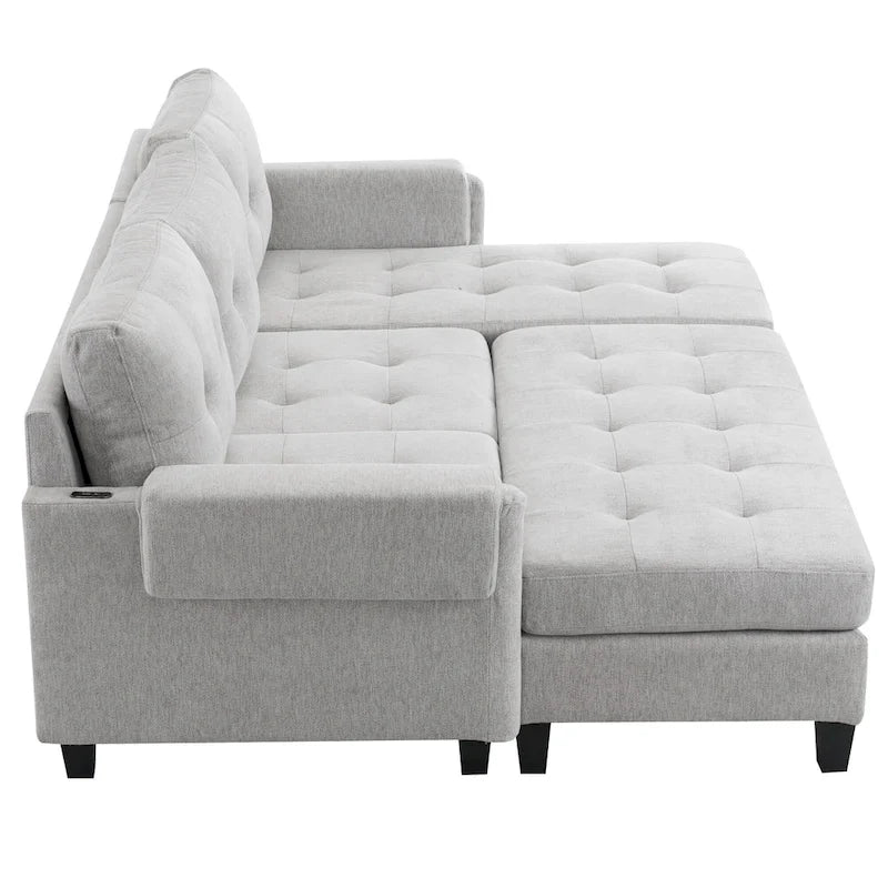Canapé-lit d'angle en L avec méridienne réversible, pouf, port de chargement USB, en chenille, ressorts ensachés, capitonné, 212 cm, gris, beige, bleu marine