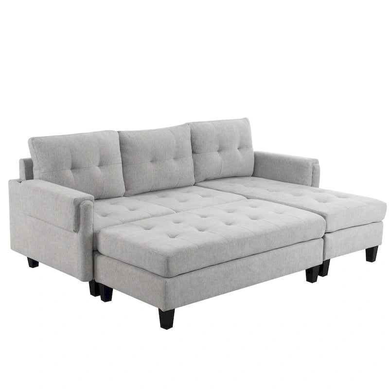 Canapé-lit d'angle en L avec méridienne réversible, pouf, port de chargement USB, en chenille, ressorts ensachés, capitonné, 212 cm, gris, beige, bleu marine