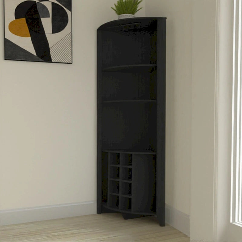 Meuble d'angle de bar, bois massif, noir, 180,6 cm H, rangement pour 8 bouteilles de vin, étagères ouvertes, peu encombrant
