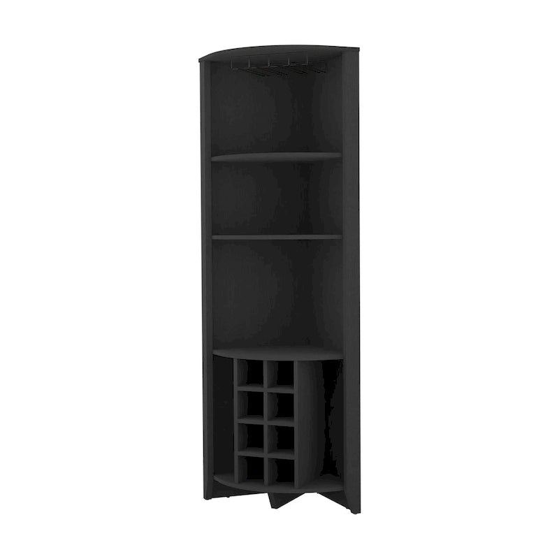 Meuble d'angle de bar, bois massif, noir, 180,6 cm H, rangement pour 8 bouteilles de vin, étagères ouvertes, peu encombrant