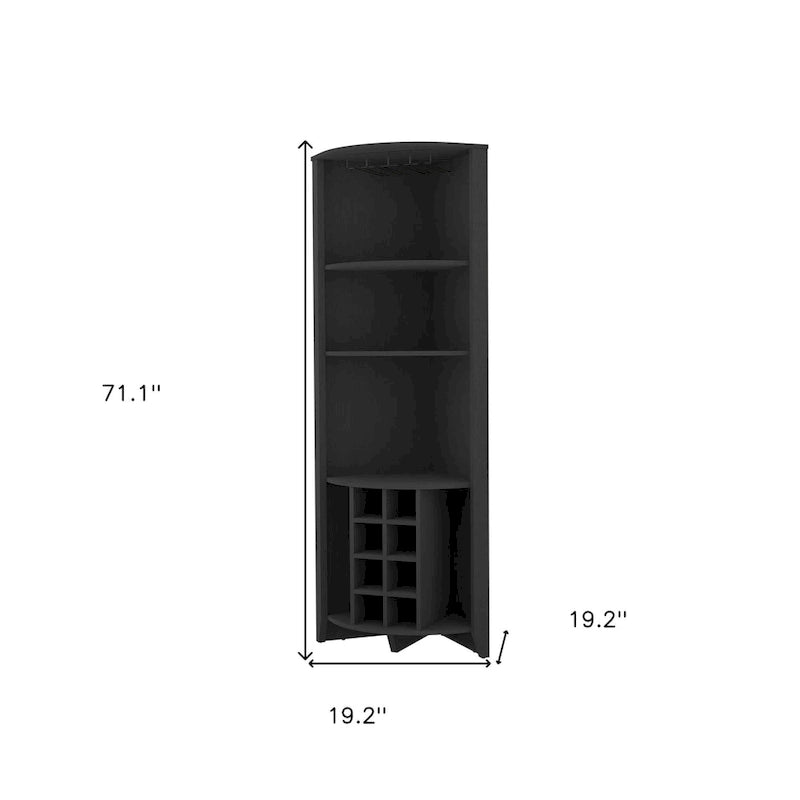 Meuble d'angle de bar, bois massif, noir, 180,6 cm H, rangement pour 8 bouteilles de vin, étagères ouvertes, peu encombrant