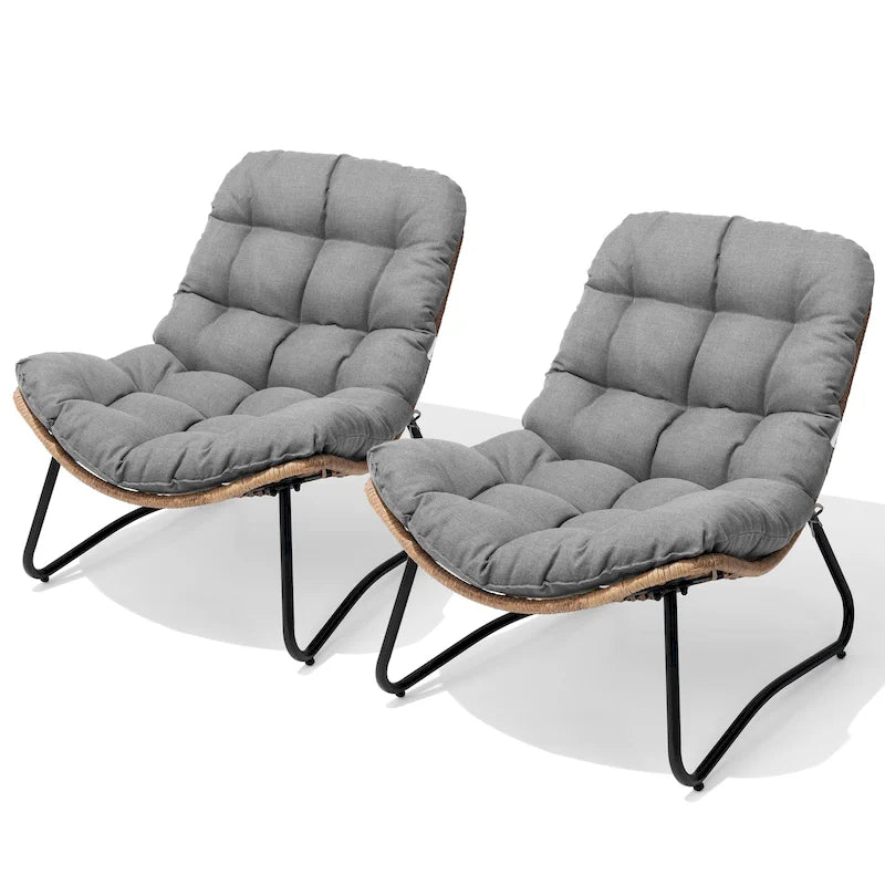Ensemble de 2 chaises longues de jardin Papasan en rotin synthétique avec cadre thermolaqué et coussins de 11 cm d'épaisseur, pour patio, beige/gris foncé