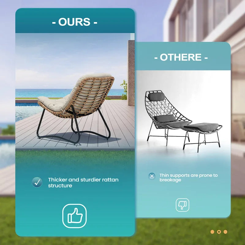 Ensemble de 2 chaises longues de jardin Papasan en rotin synthétique avec cadre thermolaqué et coussins de 11 cm d'épaisseur, pour patio, beige/gris foncé