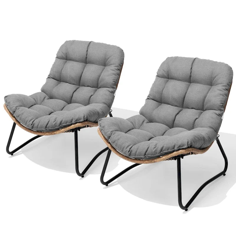 Ensemble de 2 chaises longues de jardin Papasan en rotin synthétique avec cadre thermolaqué et coussins de 11 cm d'épaisseur, pour patio, beige/gris foncé