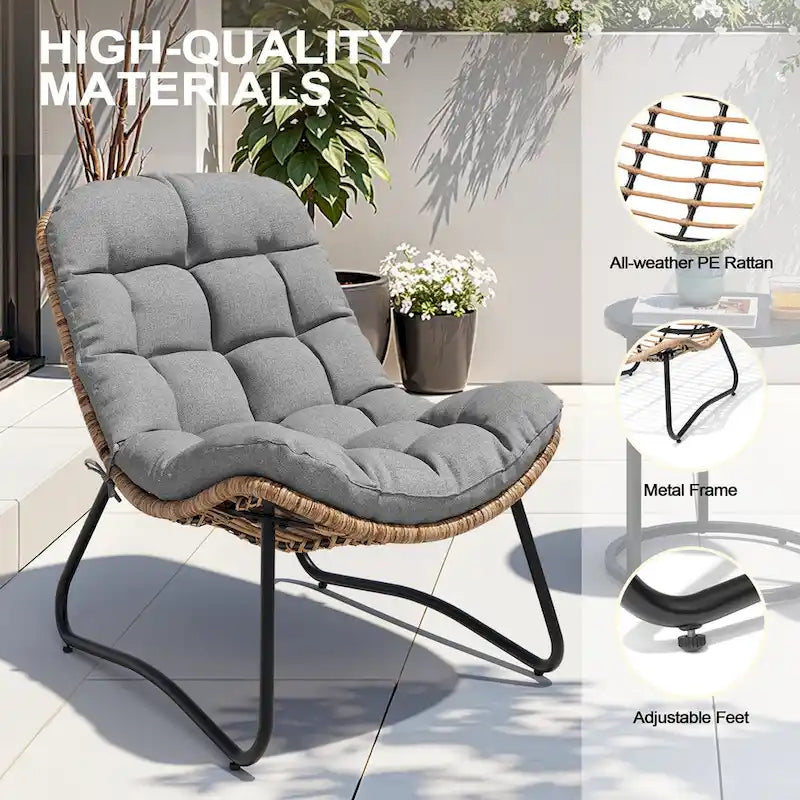 Ensemble de 2 chaises longues de jardin Papasan en rotin synthétique avec cadre thermolaqué et coussins de 11 cm d'épaisseur, pour patio, beige/gris foncé
