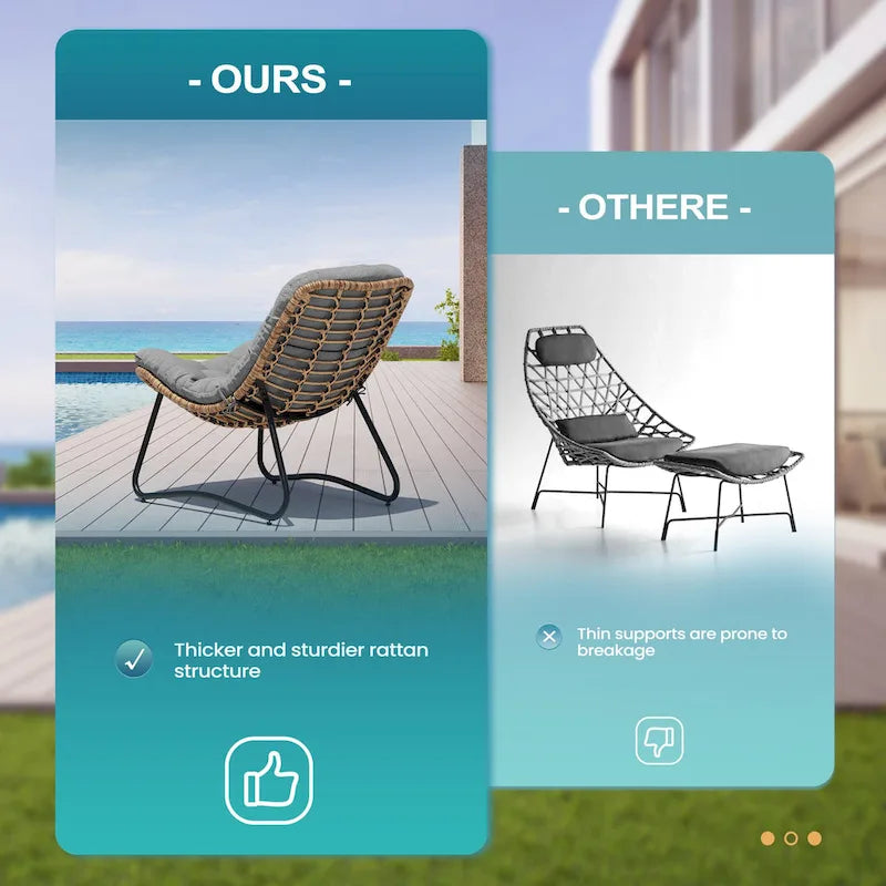 Ensemble de 2 chaises longues de jardin Papasan en rotin synthétique avec cadre thermolaqué et coussins de 11 cm d'épaisseur, pour patio, beige/gris foncé
