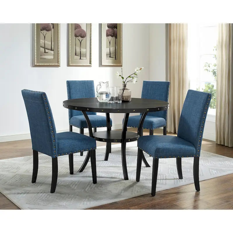 Ensemble de salle à manger 5 pièces, table ronde en bois espresso avec pieds en métal, chaises en tissu gris avec clous décoratifs en laiton, style ferme et Mid-Century Modern