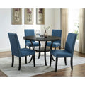 Ensemble de salle à manger 5 pièces, table ronde en bois espresso avec pieds en métal, chaises en tissu gris avec clous décoratifs en laiton, style ferme et Mid-Century Modern