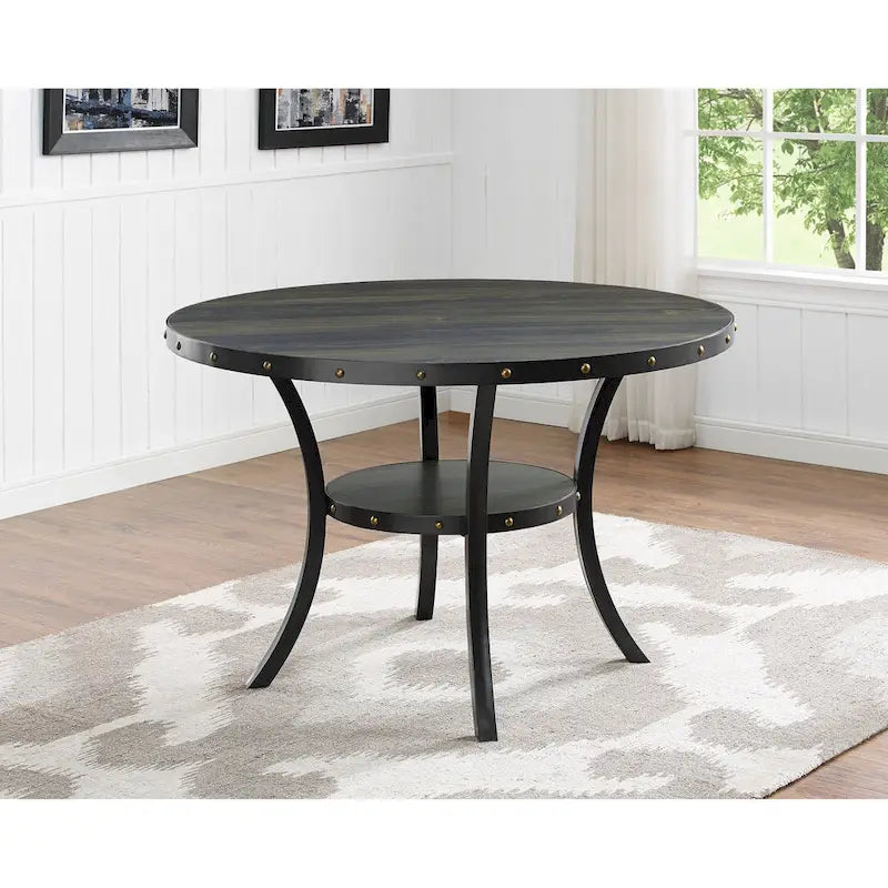 Ensemble de salle à manger 5 pièces, table ronde en bois espresso avec pieds en métal, chaises en tissu gris avec clous décoratifs en laiton, style ferme et Mid-Century Modern