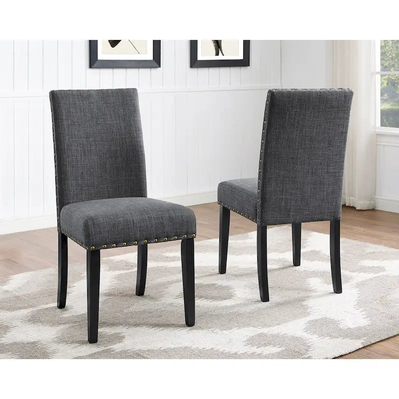 Ensemble de salle à manger 5 pièces, table ronde en bois espresso avec pieds en métal, chaises en tissu gris avec clous décoratifs en laiton, style ferme et Mid-Century Modern