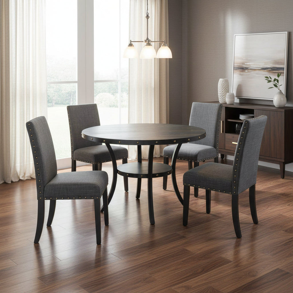 Ensemble de salle à manger 5 pièces, table ronde en bois espresso avec pieds en métal, chaises en tissu gris avec clous décoratifs en laiton, style ferme et Mid-Century Modern