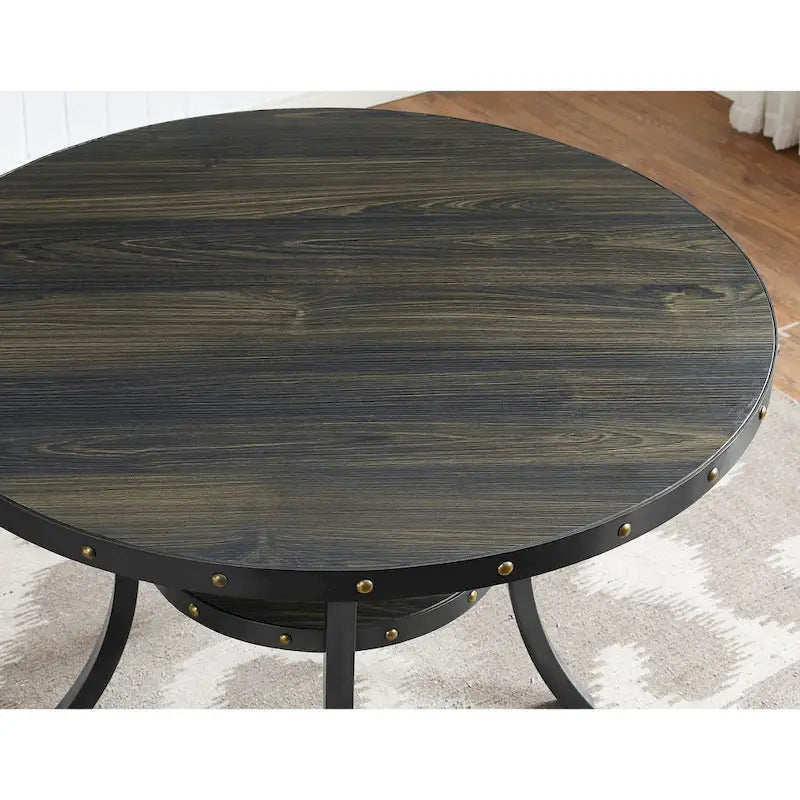 5-Piece Round Dining Table Set Espresso Wood Metal Legs Gray Fabric Chairs Brass Nailhead Farmhouse Mid-Century Modern