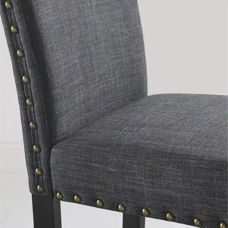 Ensemble de salle à manger 5 pièces, table ronde en bois espresso avec pieds en métal, chaises en tissu gris avec clous décoratifs en laiton, style ferme et Mid-Century Modern