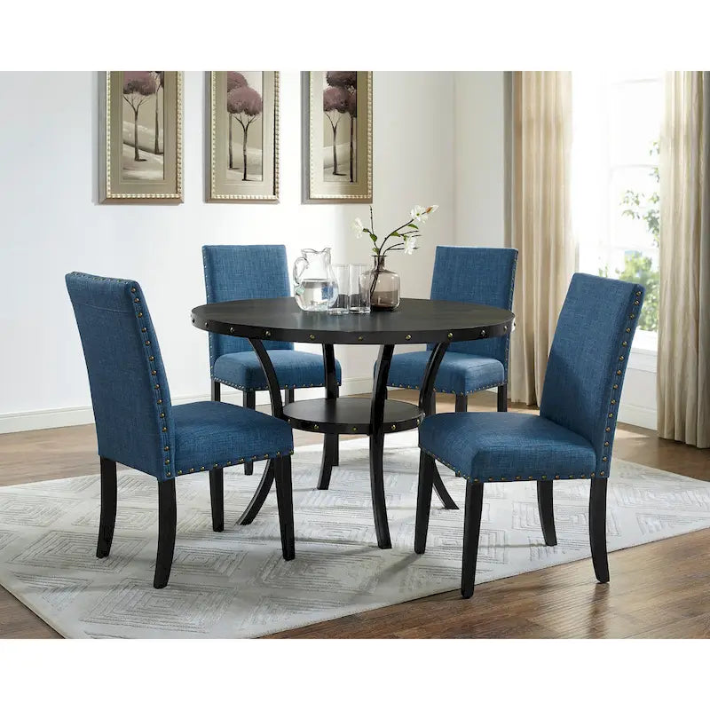 Ensemble de salle à manger 5 pièces, table ronde en bois espresso avec pieds en métal, chaises en tissu gris avec clous décoratifs en laiton, style ferme et Mid-Century Modern