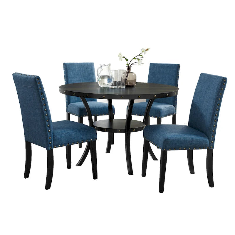 Ensemble de salle à manger 5 pièces, table ronde en bois espresso avec pieds en métal, chaises en tissu gris avec clous décoratifs en laiton, style ferme et Mid-Century Modern