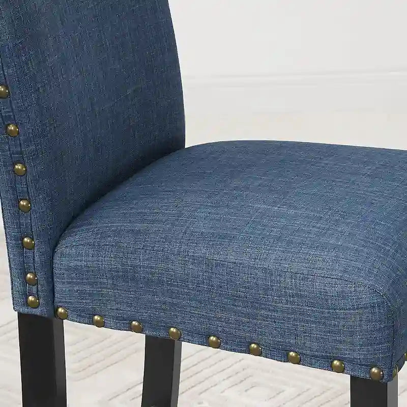 Ensemble de salle à manger 5 pièces, table ronde en bois espresso avec pieds en métal, chaises en tissu gris avec clous décoratifs en laiton, style ferme et Mid-Century Modern